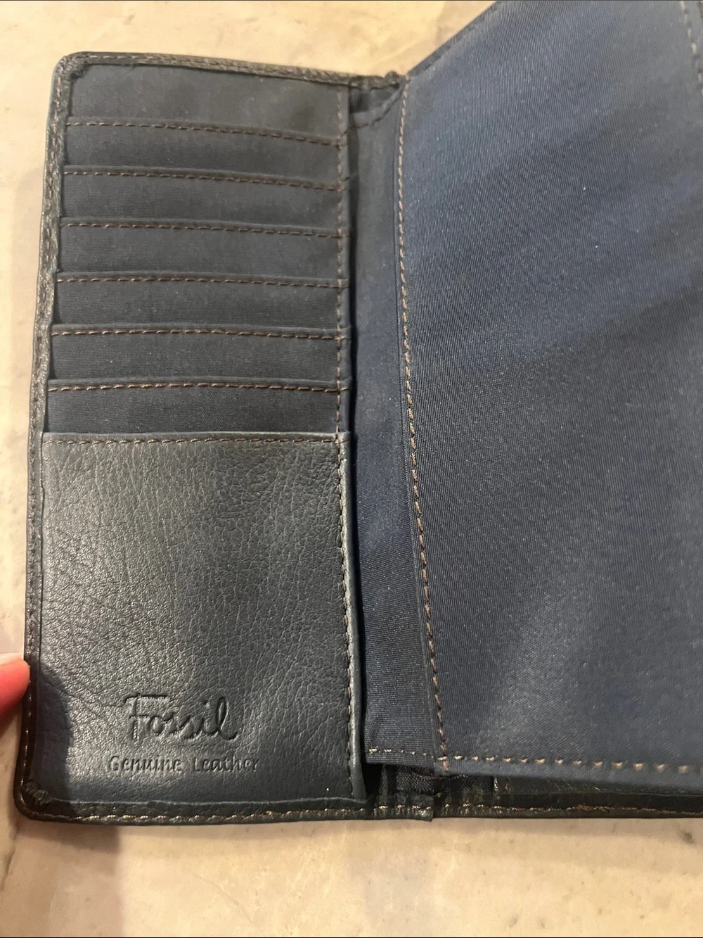 Fossil RFID snap Clutch Brown wallet flat blue leather